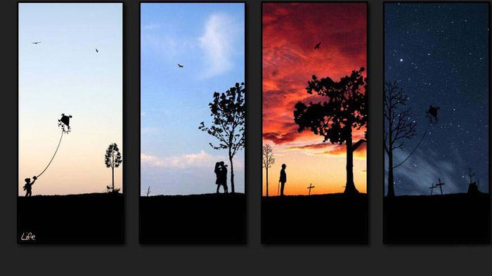 Artistic life cycle illustration with silhouette scenes from childhood to afterlife