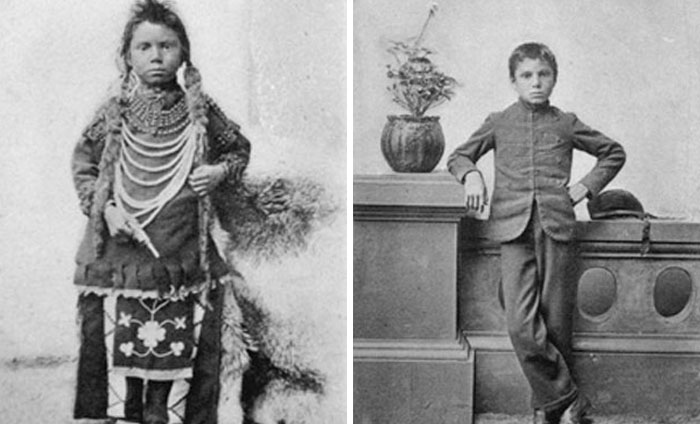 Powerful vintage photo showing a Native American child and a boy in formal attire