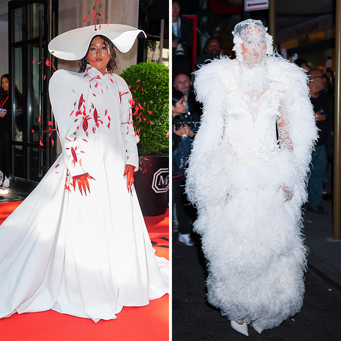 Stars at Met Gala Afterparty: one in white gown with red accents, another in a feathery white dress. Fashion transformations.
