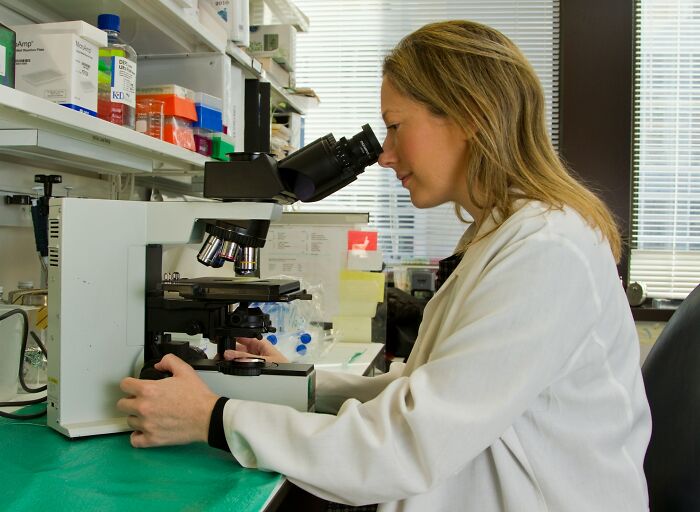 A female science professional in a lab coat looks into a microscope, exploring cool and fascinating facts.