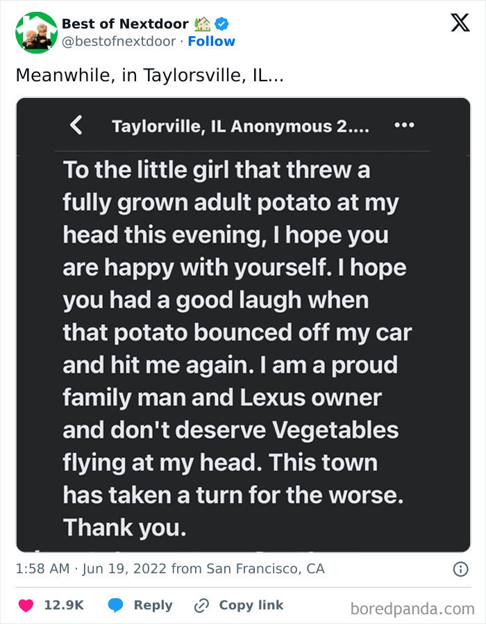 Funny neighbor complaint about a girl throwing a potato and hitting a Lexus owner in Taylorsville