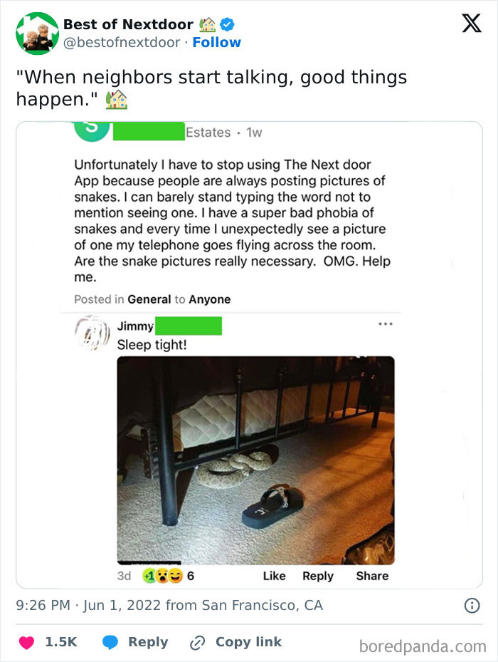 Neighbor humor with snake photo under a bed frame shared on neighborhood app