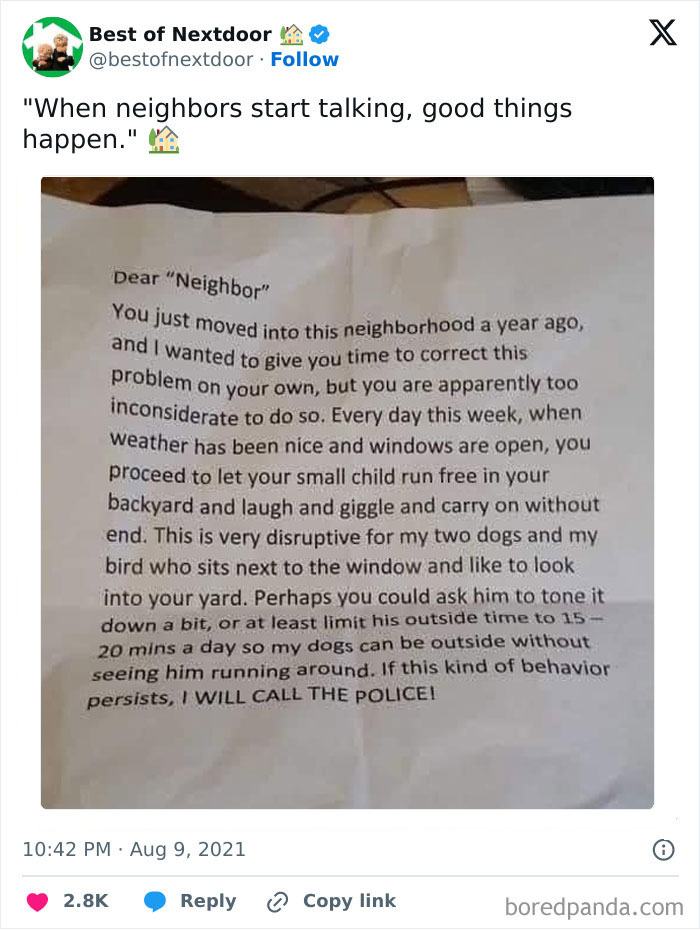 Note from neighbor complaining about disruptive child disturbing dogs and bird