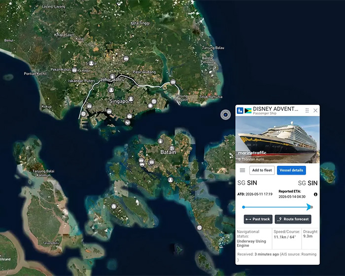 Satellite map showing a Disney cruise ship's route near Singapore, highlighting families stranded on the ship.