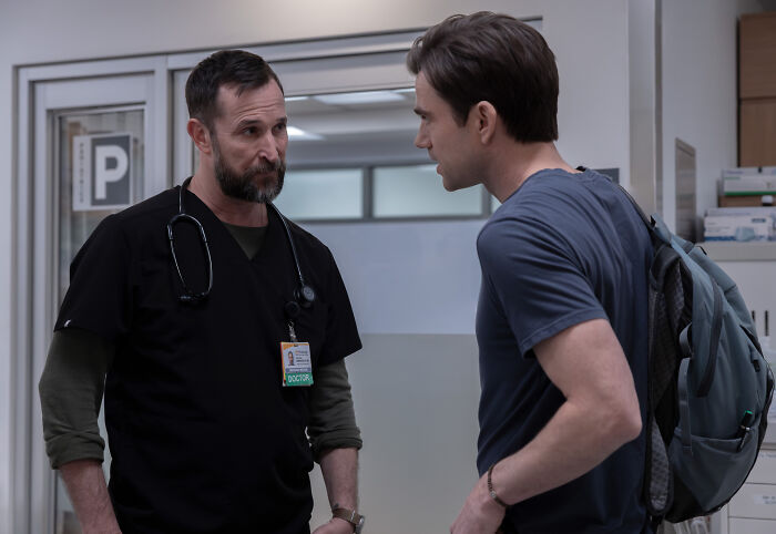 A doctor with a stethoscope and beard confronts a young man with a backpack, highlighting salary confession and $750 a week.