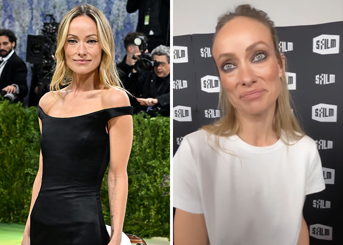 Olivia Wilde before and after: left in a black gown, right in a white tee. Focus on plastic surgery.