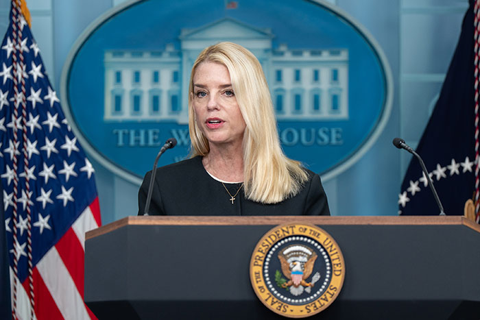 Pam Bondi speaking at White House press briefing podium