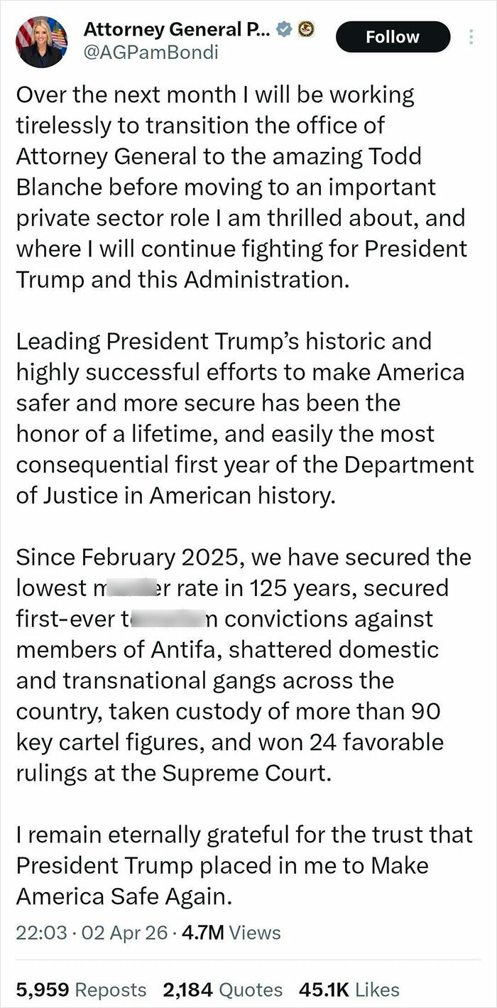 Screenshot of Pam Bondi's tweet about transitioning Attorney General office