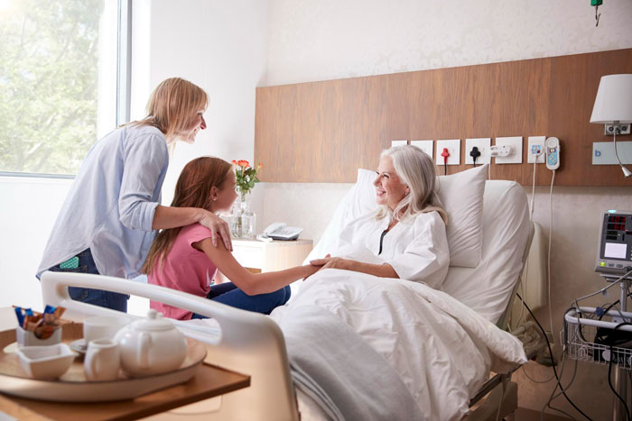 Three women, one an elderly patient, another her daughter, and a young girl, are smiling. Betrayed inheritance.