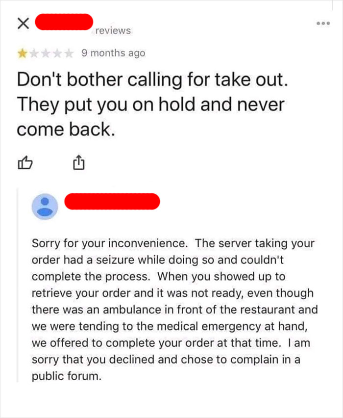 Customer complains about take out order delay with server's emergency response