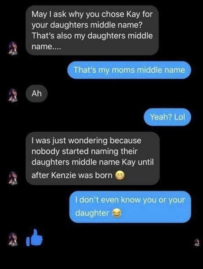 Text conversation about daughters sharing same middle name Kay