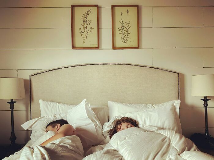 Two people sleeping in bed under white blankets in a cozy bedroom