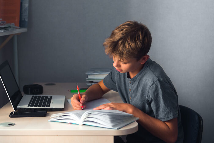 A young professional focused on writing in a notebook at a desk with a laptop, sharing fun facts.
