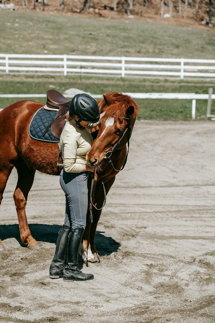 Person hugging a brown horse in outdoor riding arena