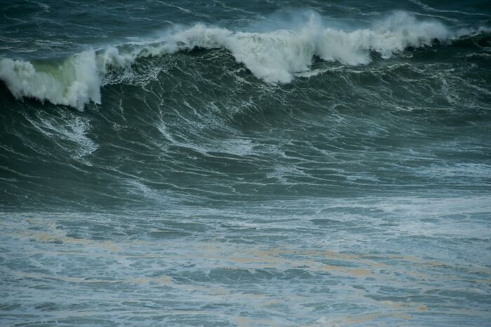 A powerful, dark green ocean wave crests with white foam. A creepy, turbulent sea often conceals mysterious things.