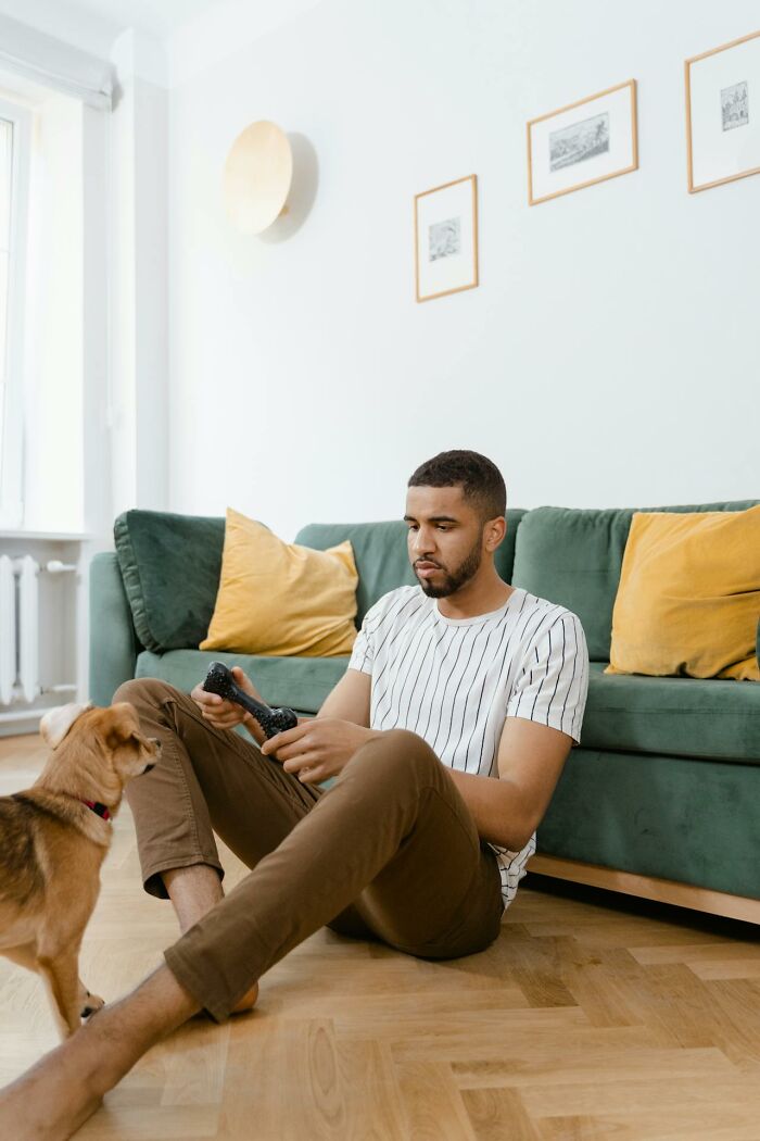 Man sitting on floor playing with dog using a toy bone