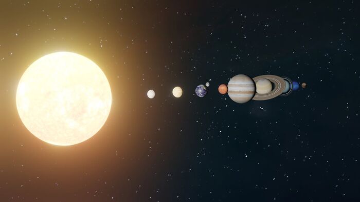 Solar system with the sun and planets aligned in space illustrating random facts