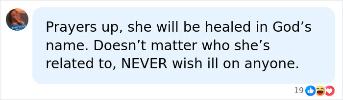 A social media comment offering prayers and well wishes for Vanessa Trump's healing from her diagnosis.