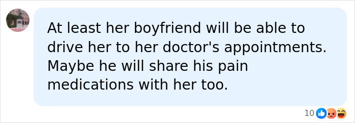 A social media comment with a sarcastic remark about Vanessa Trump's diagnosis and medical support.