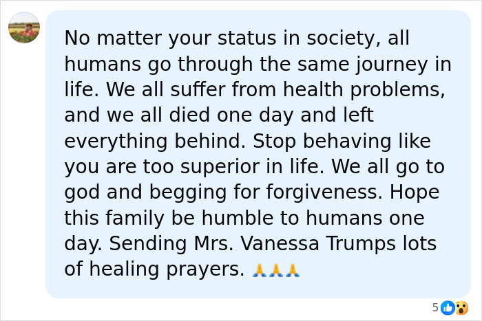 A social media comment sending healing prayers to Vanessa Trump during her harrowing diagnosis.
