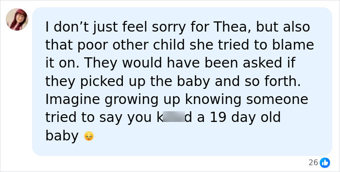 Social media comment discussing blame related to 19-day-old baby case