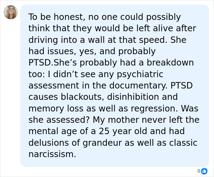 Comment discussing PTSD and mental health in Mackenzie Shirilla crash response