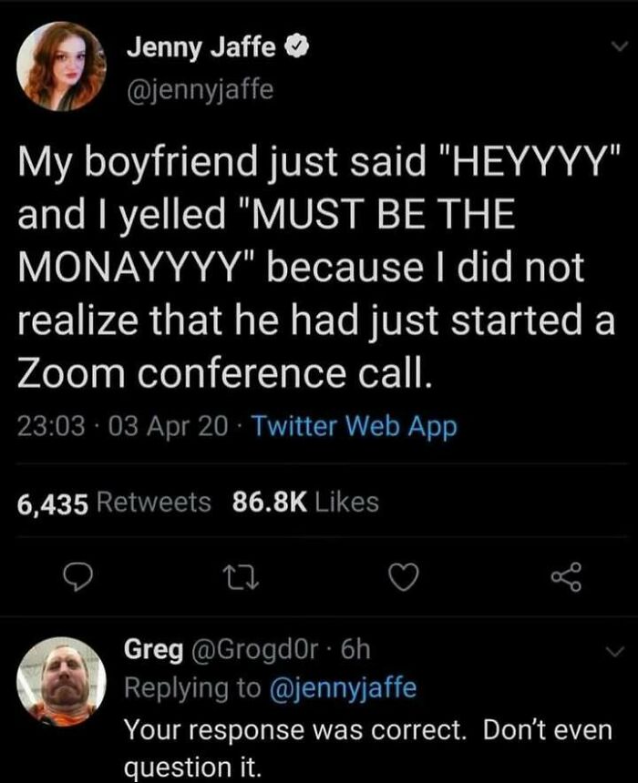 Tweet meme about a Zoom call mishap with a funny boyfriend and girlfriend exchange