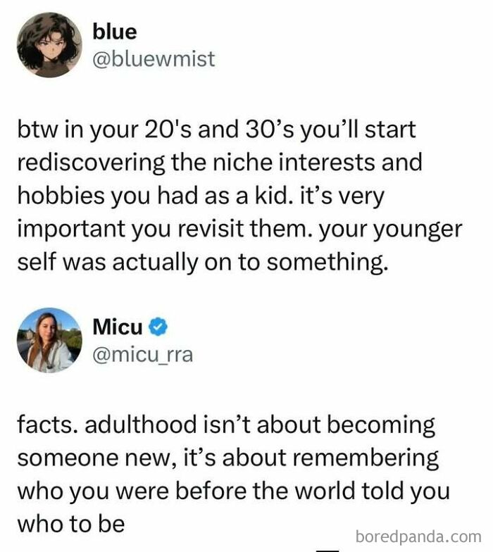 Inspirational meme about rediscovering childhood hobbies in your 20s and 30s