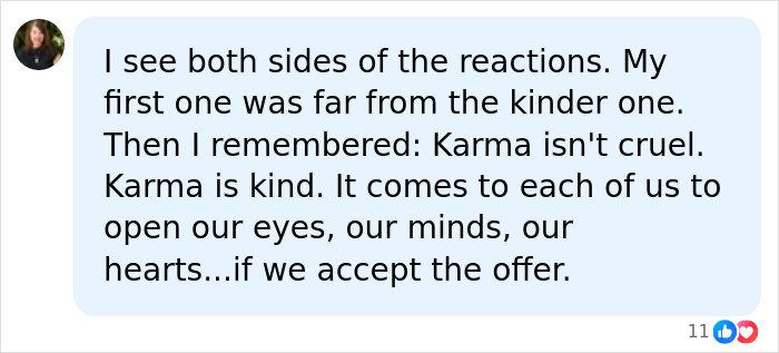 Social media comment reflecting on reactions and karma