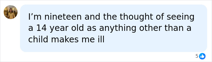 A social media comment from a user: I'm nineteen and the thought of seeing a 14-year-old as anything other than a child makes me ill, referencing Female World Cup Soccer Hopeful crimes.