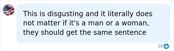 A comment on social media about crimes against a 14-year-old boy, emphasizing equal sentencing regardless of gender for Female World Cup Soccer hopefuls.