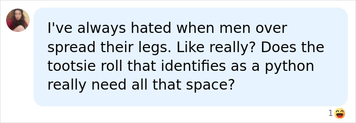 Comment criticizing men manspreading with humorous analogy