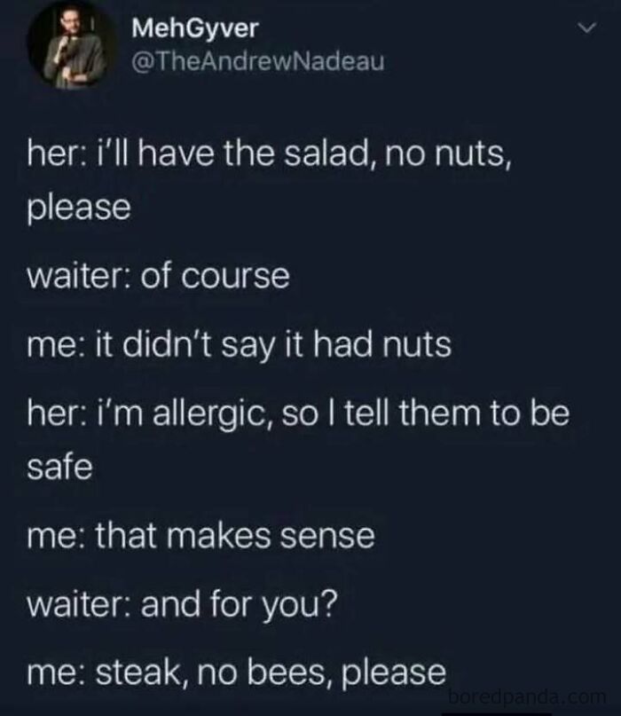 Humorous meme about ordering food allergy precautions and misheard dinner request