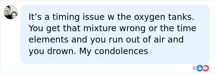 Comment discussing oxygen tank timing issues in Maldives cave dive accident and condolences Comment discussing oxygen tank timing issues in Maldives cave dive accident and condolences