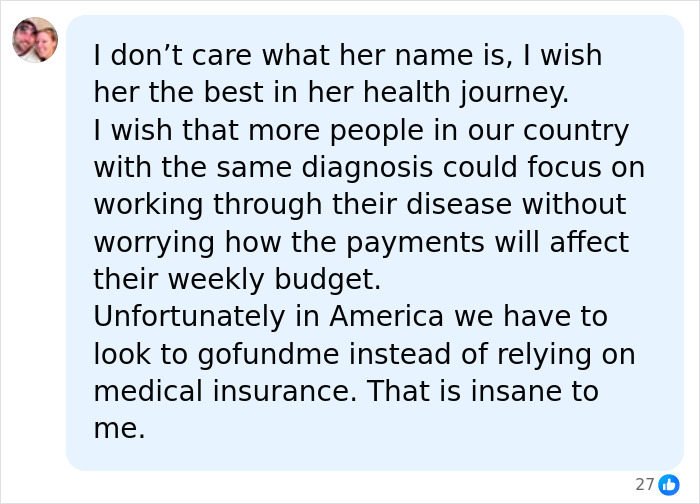 A social media comment wishing Vanessa Trump well with her diagnosis, highlighting healthcare access disparities.