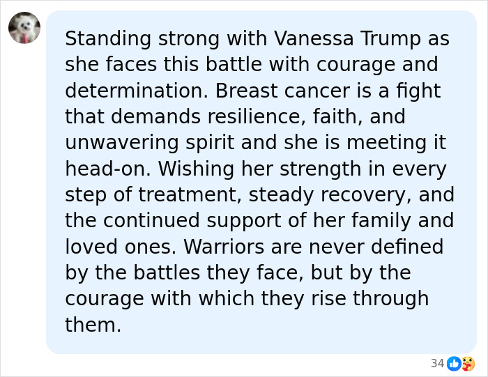 A social media comment expressing solidarity and support for Vanessa Trump's battle with her diagnosis.