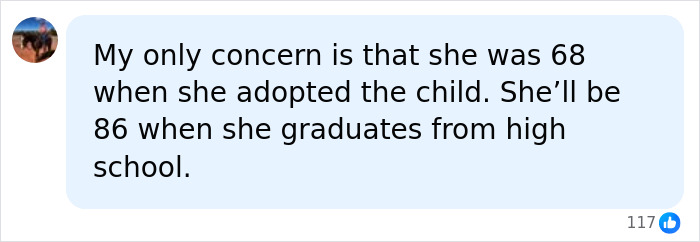 A social media comment discussing a woman adopting a child at 68, highlighting age concerns, related to having his child.