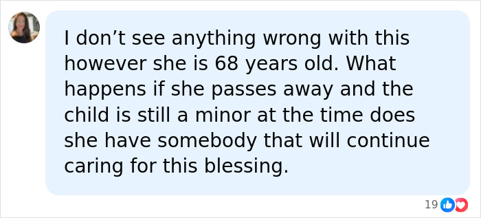 A social media comment about a woman who used her late son's bodily fluids to have his child, questioning care for the child if she passes away.
