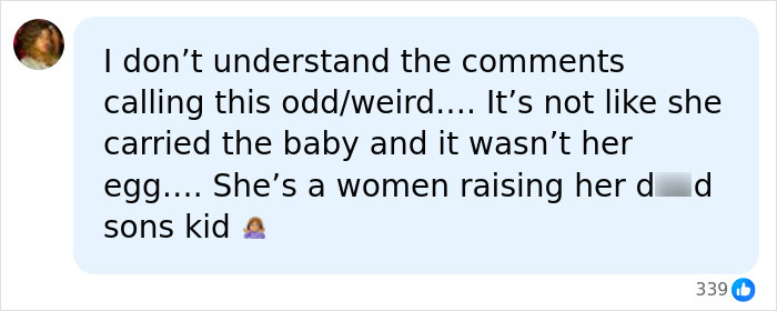 A text message from a Woman, 71, discussing comments about having her late son's child, stating it's not odd.