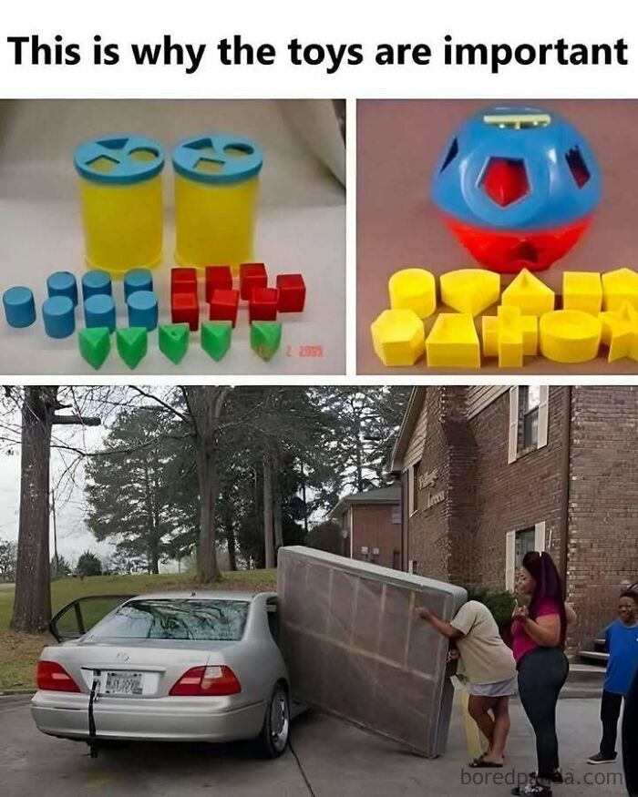 Image showing importance of shape-sorting toys with mattress being moved