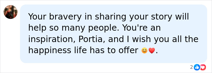 A comment on a teen's viral post, praising her bravery in sharing struggles with a rare skin condition, offering inspiration.