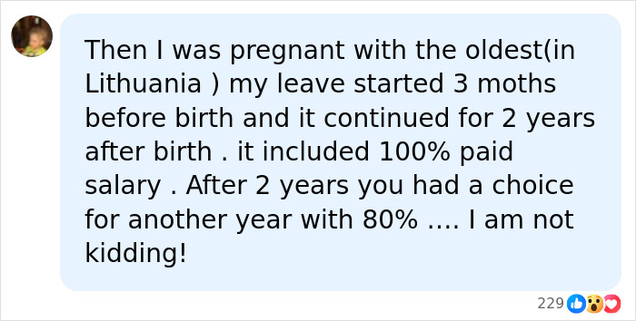Screenshot of comment about Lithuania's 100% paid maternity leave for two years Screenshot of comment about Lithuania's 100% paid maternity leave for two years