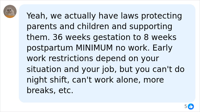 Comment about German laws protecting parents with mandatory no work period before and after birth Comment about German laws protecting parents with mandatory no work period before and after birth