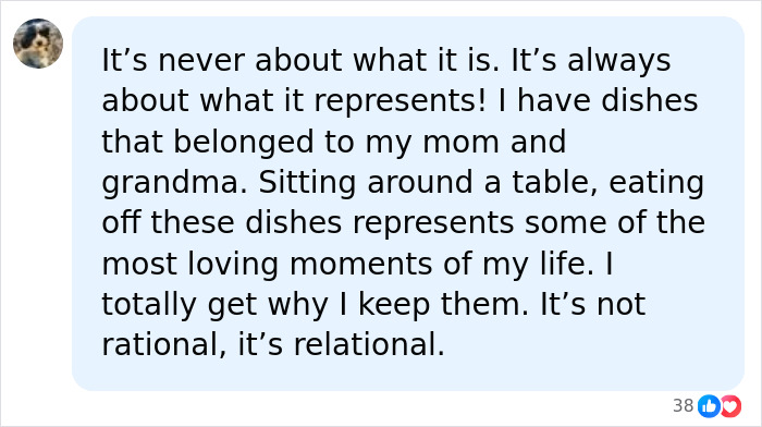 A social media post about boomer clutter, explaining that sentimental items represent loving moments and are relational, not rational.