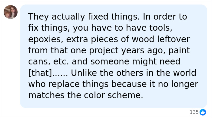 A comment about fixing things, needing tools, and saving old parts, contrasting with modern habits. Relates to boomer clutter.