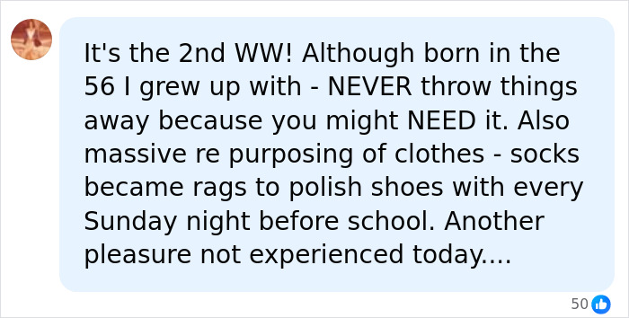 A social media comment explaining why an older generation might hoard, linking to Boomer clutter.
