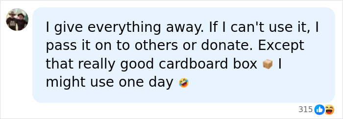 A social media post about decluttering, humorously excepting a cardboard box, illustrating boomer clutter tendencies.