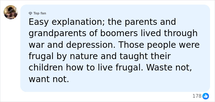 A social media post explaining boomer clutter: parents/grandparents lived through war/depression, leading to frugality and clutter. Millennials are fed up.