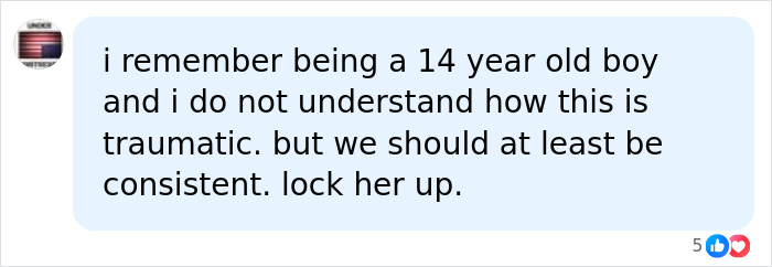 A social media comment about a 14-year-old boy, discussing trauma and urging consistency. Relates to Female World Cup Soccer crimes.