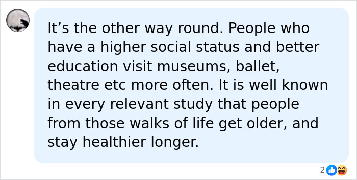 A comment refuting the study that Arts Lovers may be biologically a year younger, suggesting people who visit museums get older and stay healthier. A comment refuting the study that Arts Lovers may be biologically a year younger, suggesting people who visit museums get older and stay healthier.